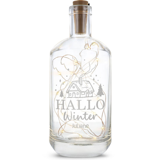 LED-Flaschenlicht „Hallo Winter“ mit Name – Produktansicht der Glasflasche