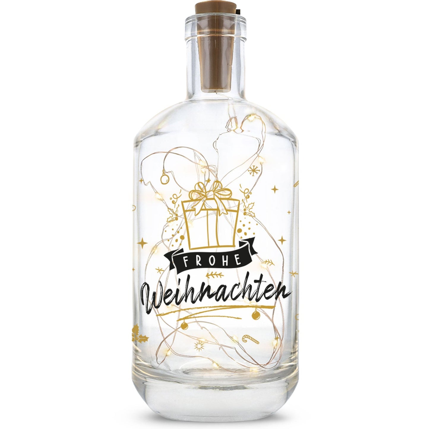 LED-Flaschenlicht „Goldenes Geschenk“ – Produktansicht mit goldenem Weihnachtsmotiv