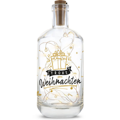 LED-Flaschenlicht „Goldenes Geschenk“ – Produktansicht mit goldenem Weihnachtsmotiv
