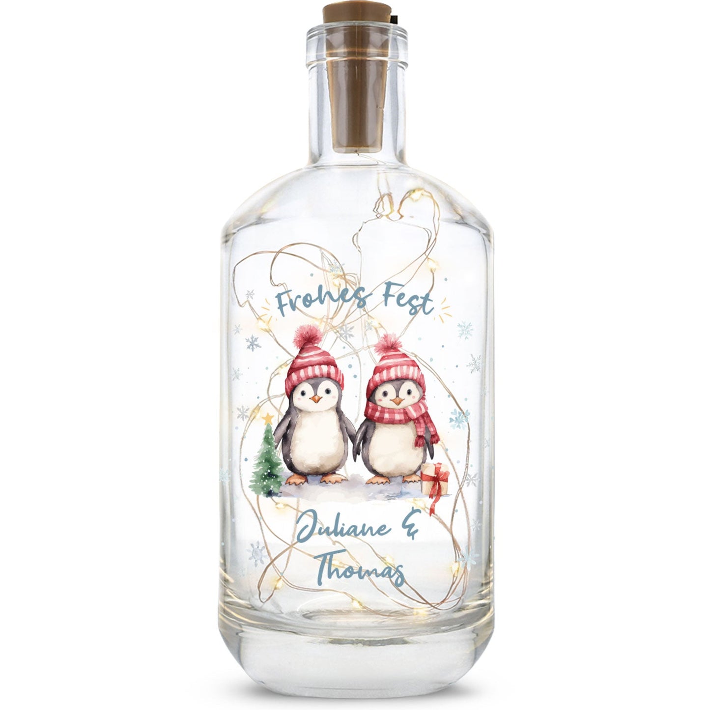 LED-Flaschenlicht „Pinguine“ mit Name – Produktansicht der Glasflasche