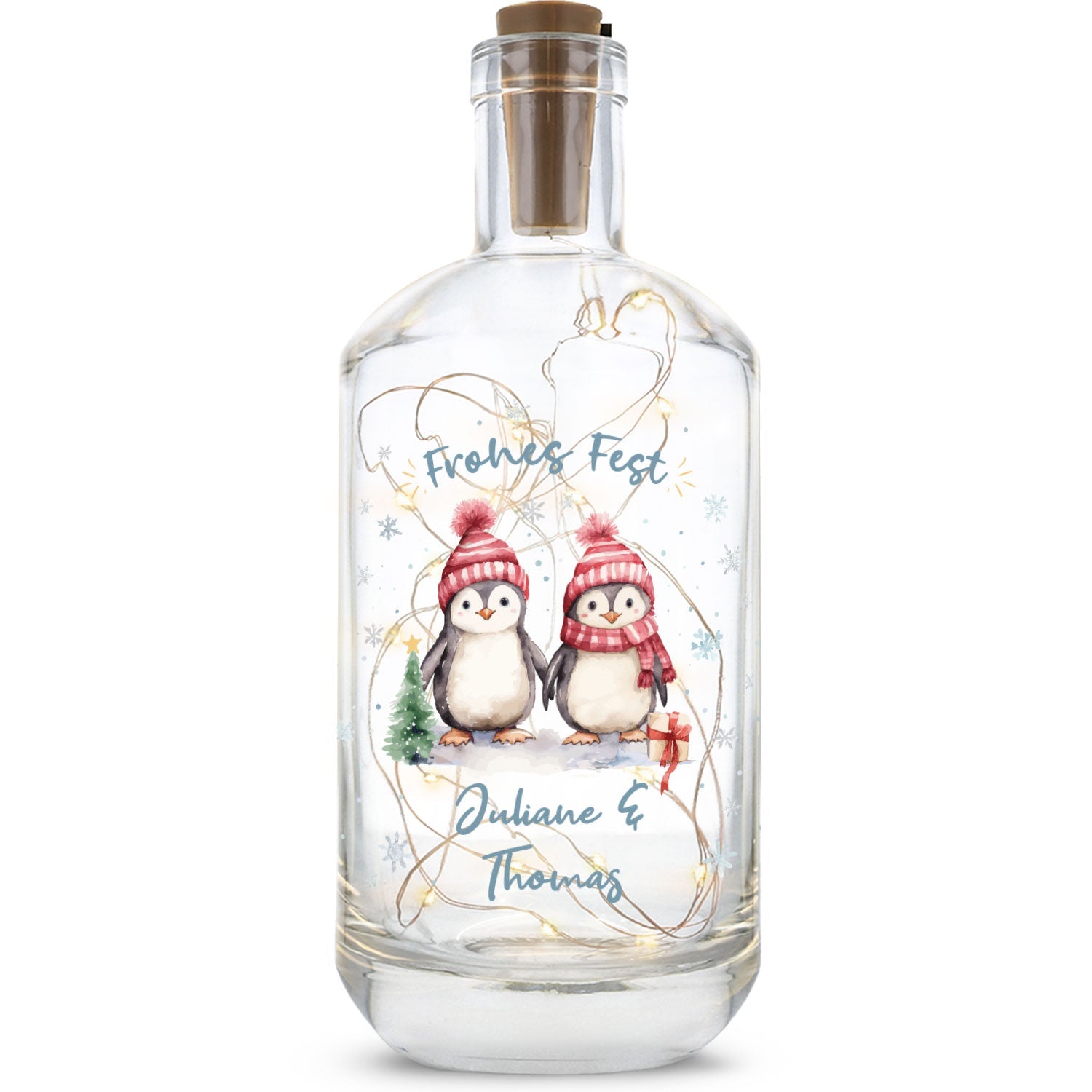 LED-Flaschenlicht „Pinguine“ mit Name – Produktansicht der Glasflasche