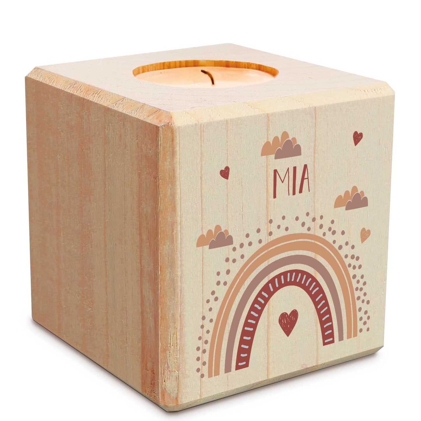 Teelichthalter „Regenbogen“ aus Holz – Motivdetail