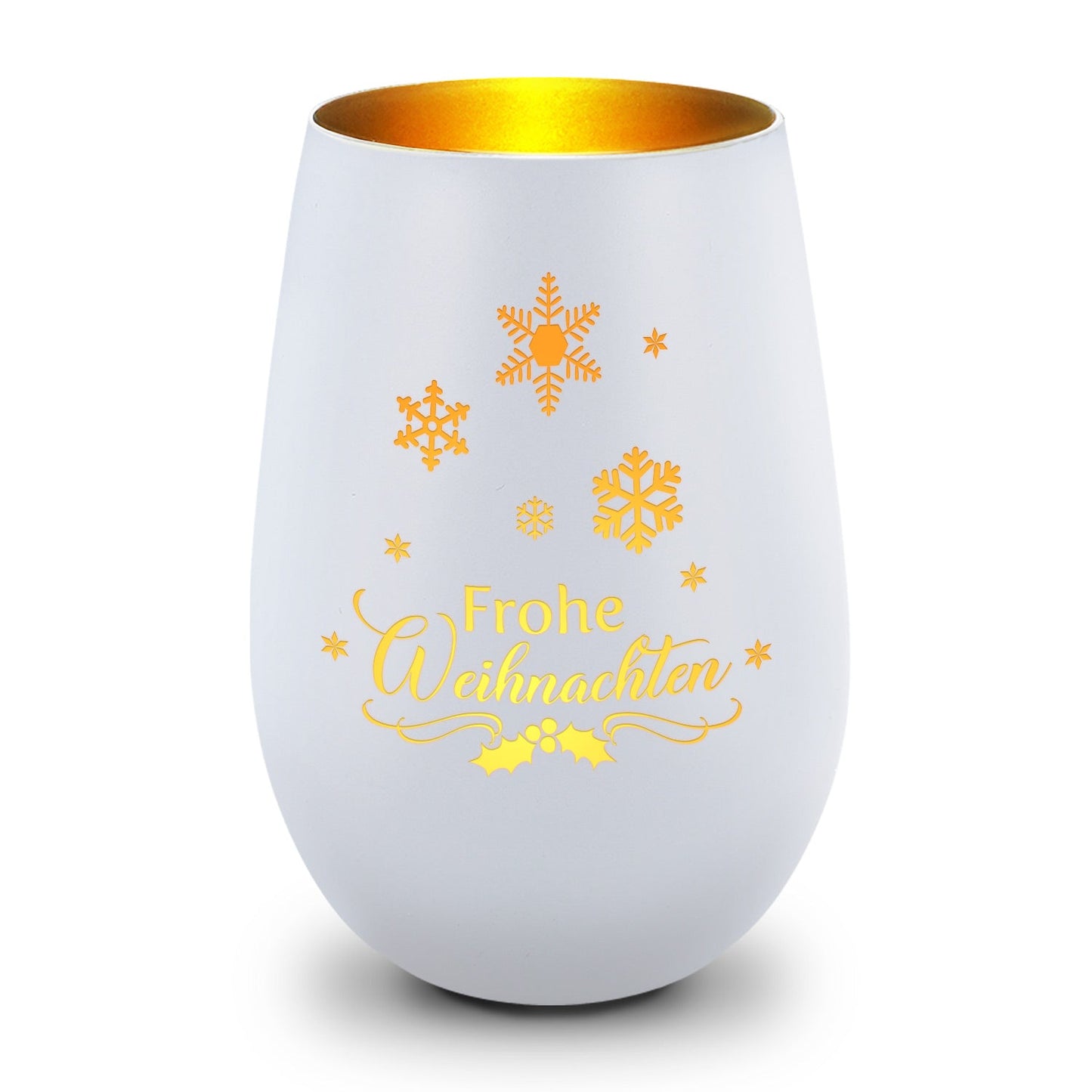 Windlicht Frohe Weihnachten Schneeflocke in Weiß-Gold – Produktansicht