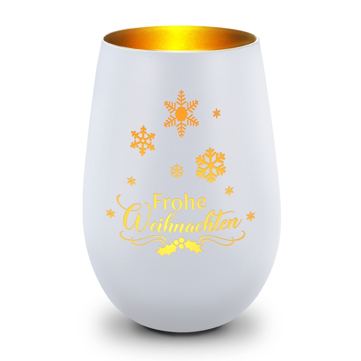 Windlicht Frohe Weihnachten Schneeflocke in Weiß-Gold – Produktansicht