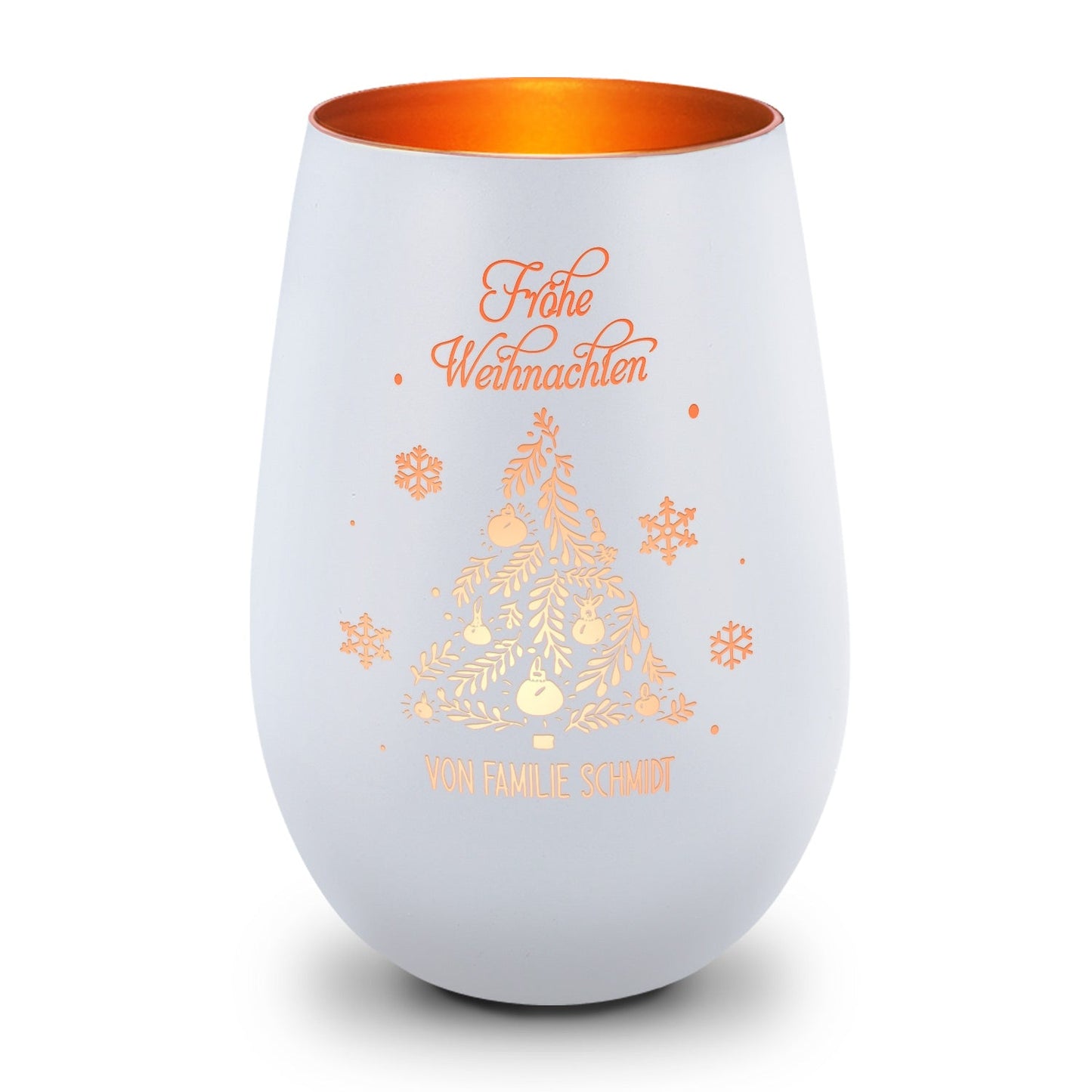 Personalisiertes Windlicht Frohe Weihnachten in Weiß-Bronze – Produktansicht
