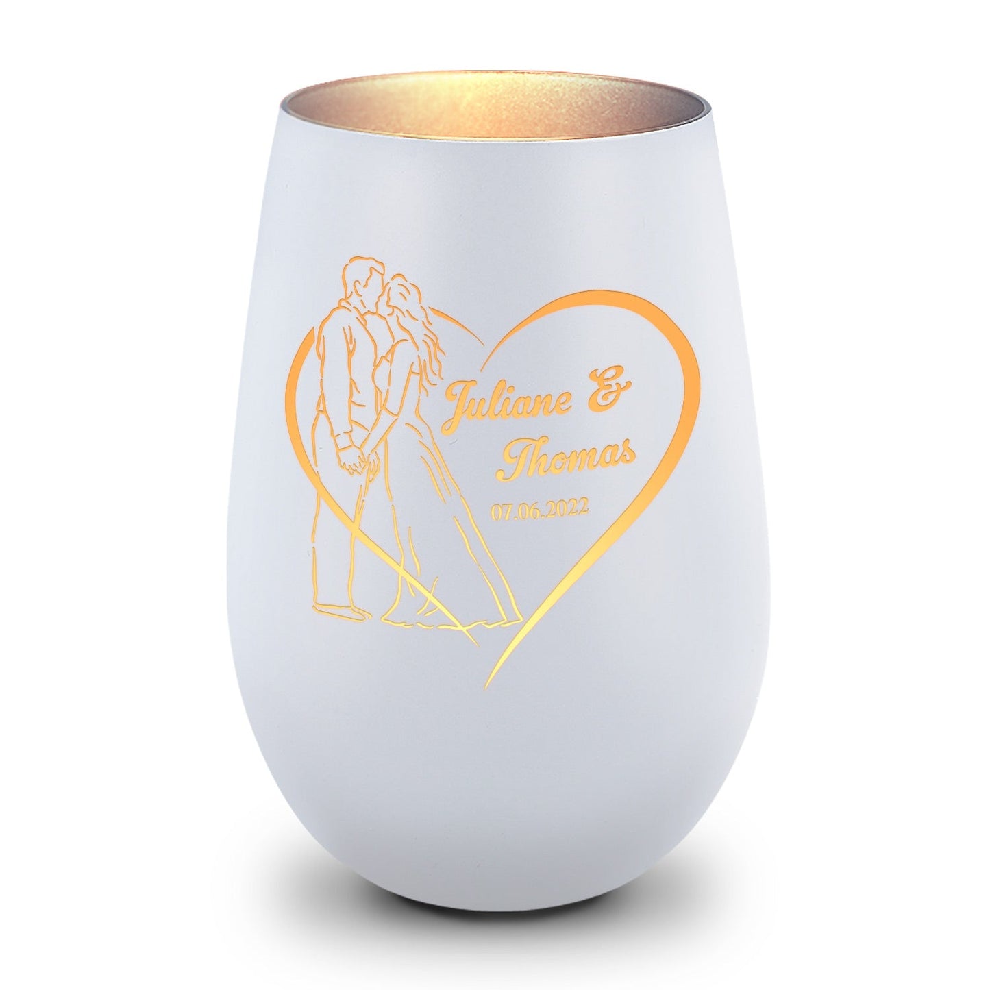 Personalisiertes Hochzeits-Windlicht „Hochzeitskuss“ – Name & Datum