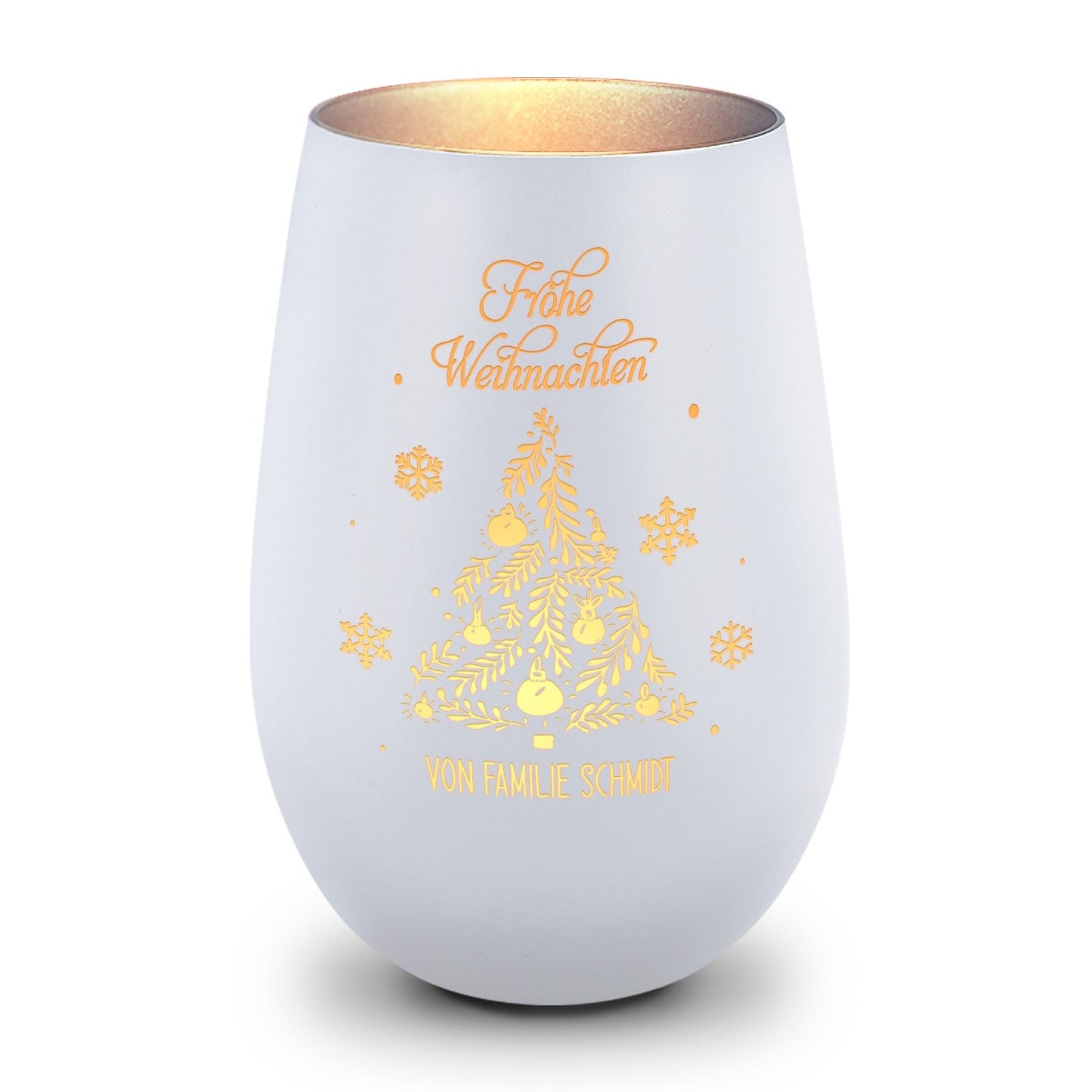 Personalisiertes Windlicht Frohe Weihnachten in Weiß-Silber – Produktansicht