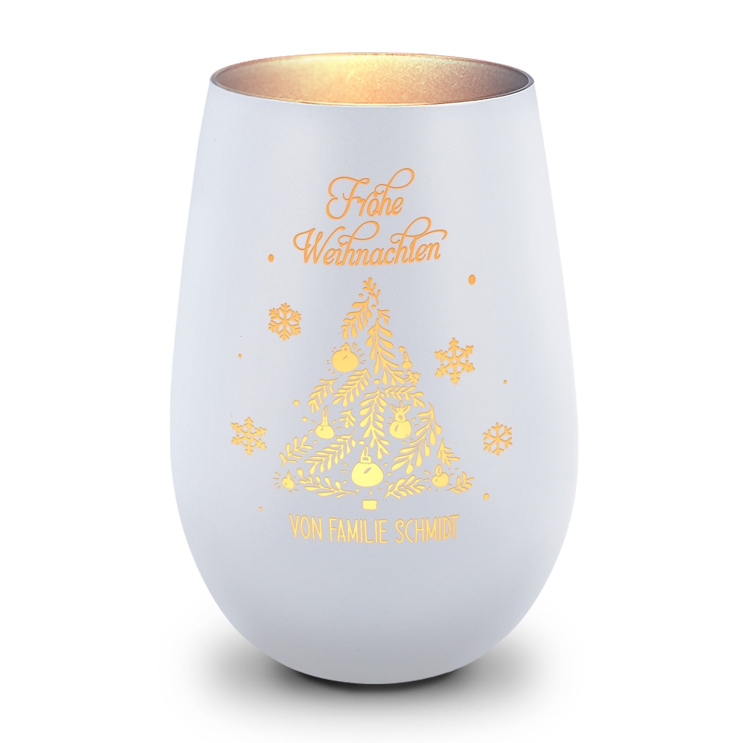 Personalisiertes Windlicht Frohe Weihnachten in Weiß-Silber – Produktansicht