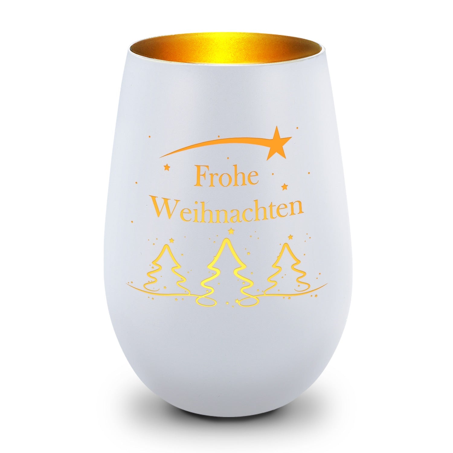 Windlicht Tannenbaum Frohe Weihnachten in Weiß-Gold – Produktansicht