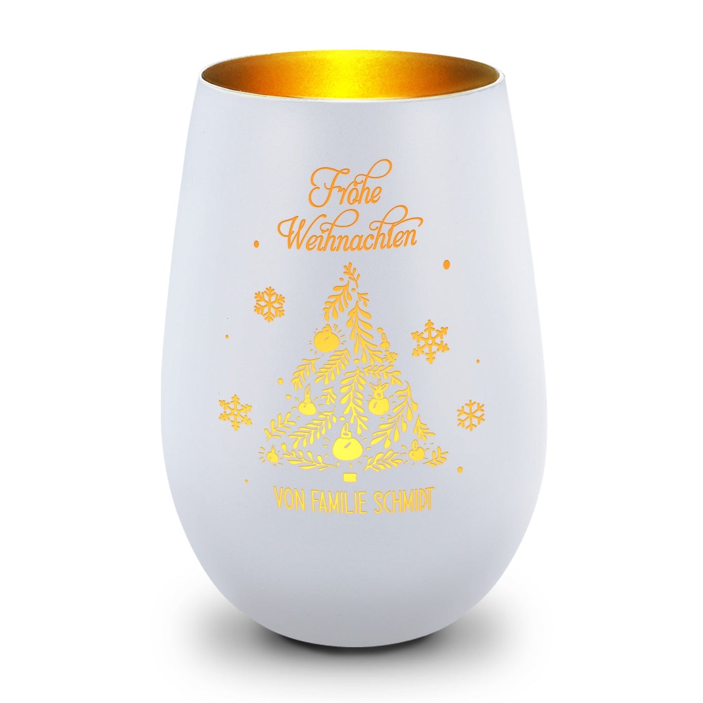 Personalisiertes Windlicht Frohe Weihnachten in Weiß-Gold – Produktansicht