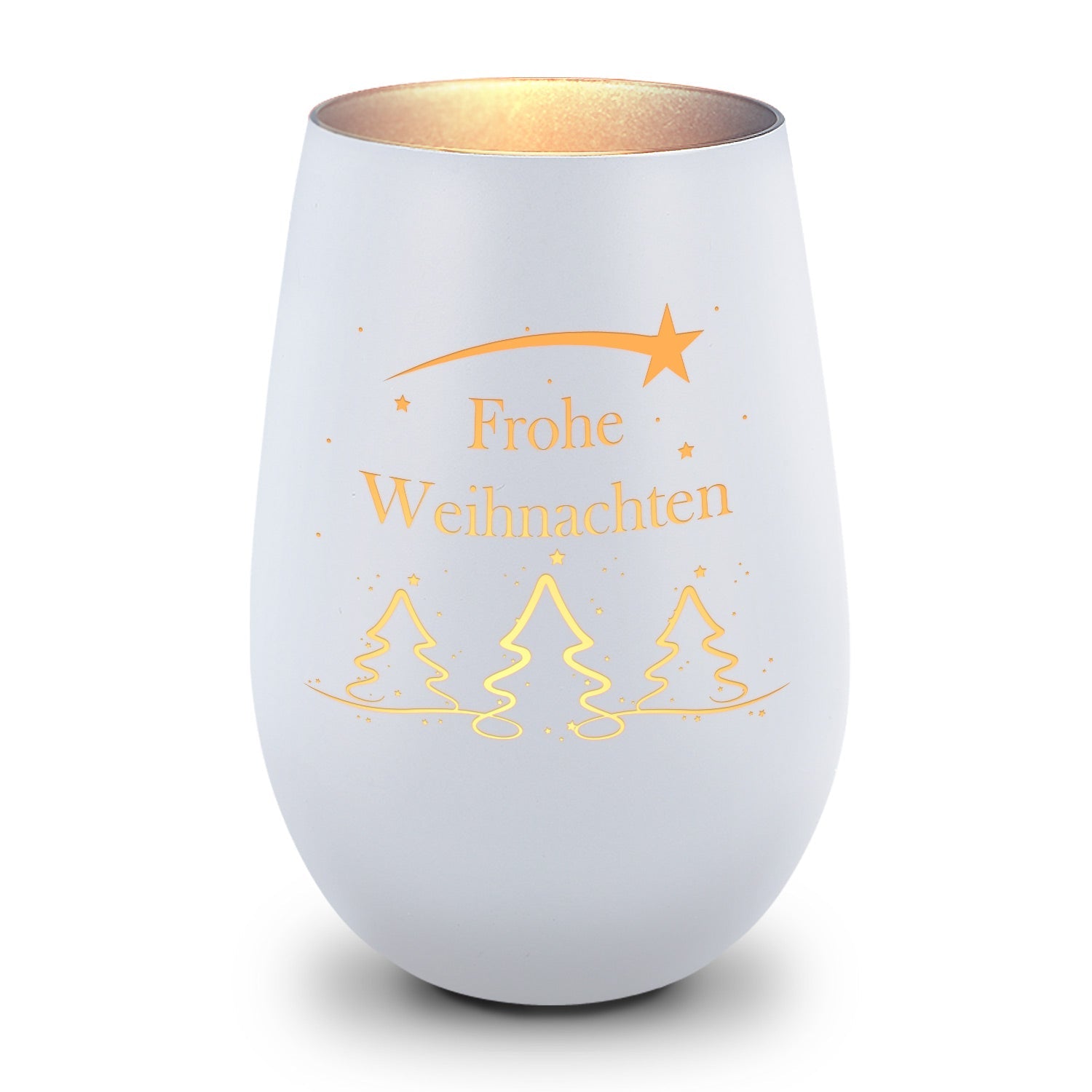 Windlicht Tannenbaum Frohe Weihnachten in Weiß-Silber – Produktansicht