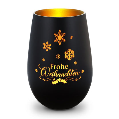 Windlicht Frohe Weihnachten Schneeflocke in Schwarz-Gold – Produktansicht