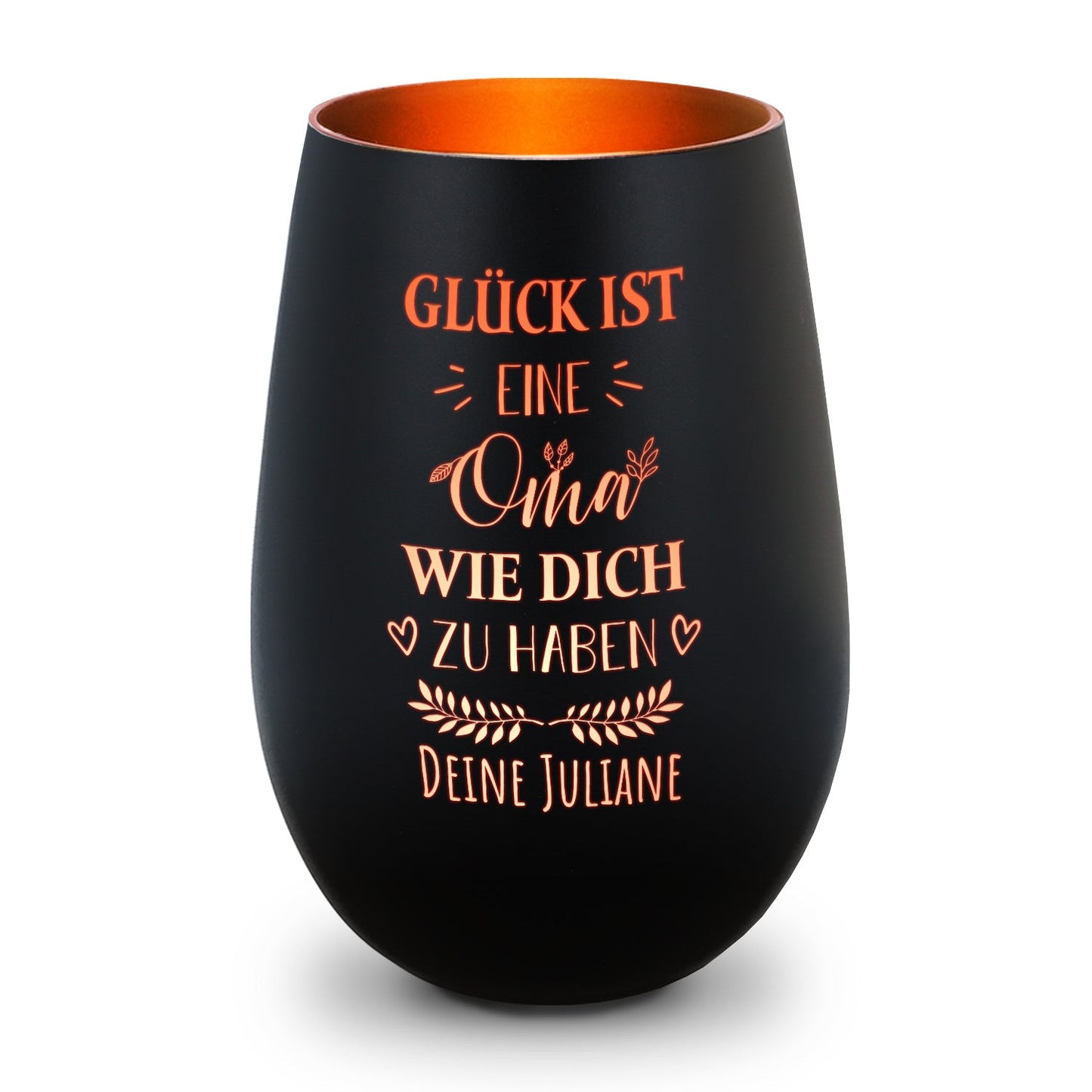 Windlicht „Glück ist eine Oma wie dich zu haben“ – Gravurdetail