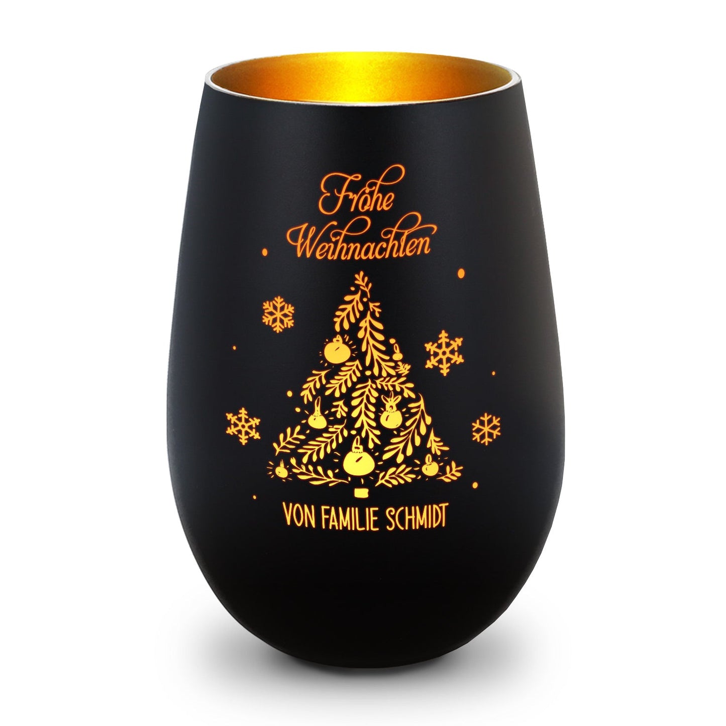 Personalisiertes Windlicht Frohe Weihnachten in Schwarz-Gold – Produktansicht