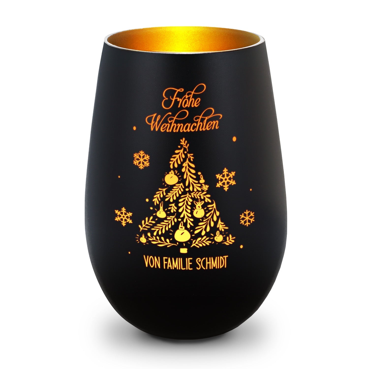 Personalisiertes Windlicht Frohe Weihnachten in Schwarz-Gold – Produktansicht