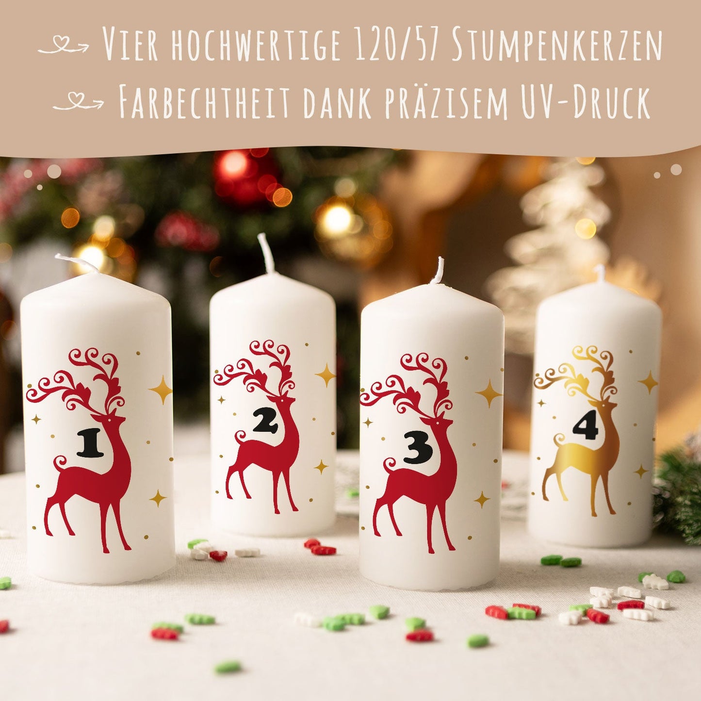 Adventskerzen-Set „Hirsch“ – 4 Stumpenkerzen