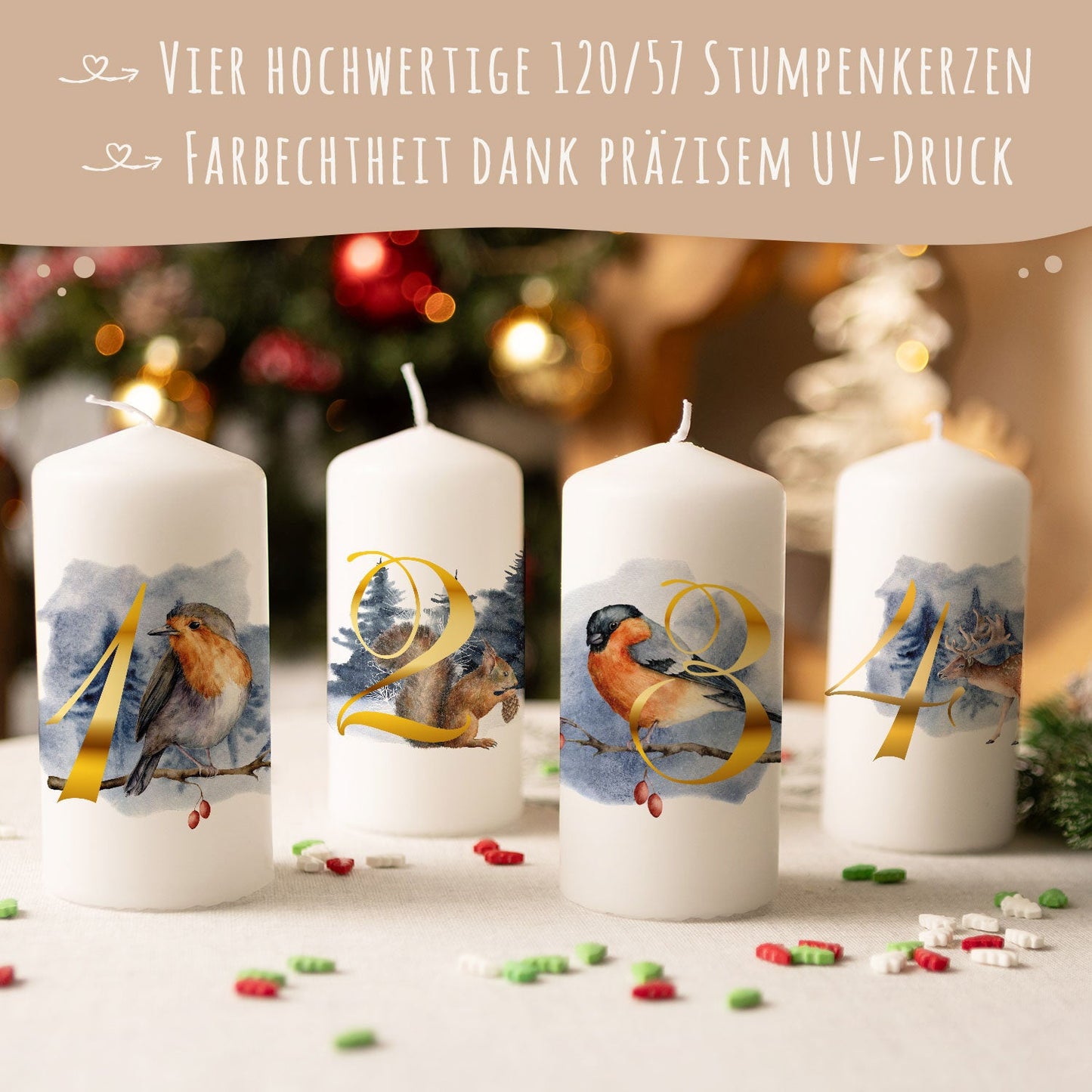 Adventskaarsen ‘Dieren’ – set van 4 met wintermotieven