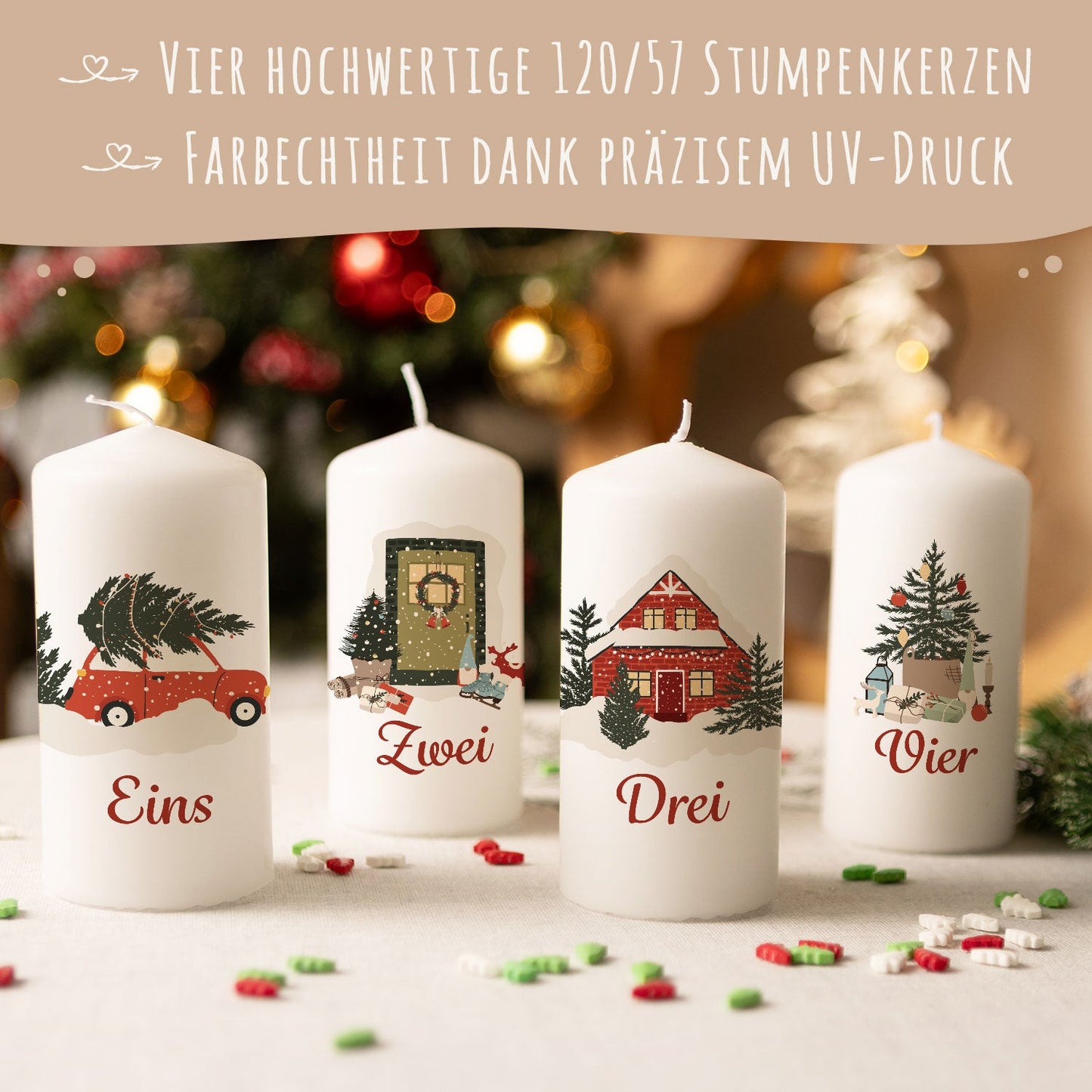 Adventskaarsen ‘Kerstmotieven’ – set van 4