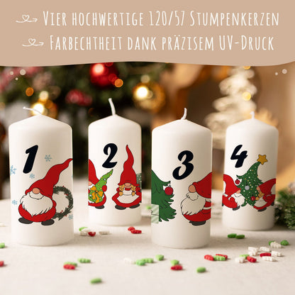 Adventskerzen-Set „Wichtel“ – 4 Stumpenkerzen