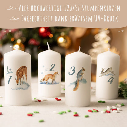 Adventskerzen „Wintertiere Aquarell“ – 4er-Set