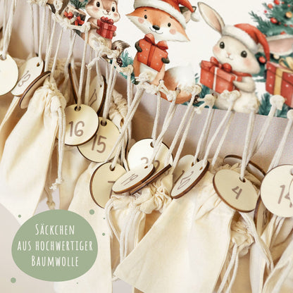 Gepersonaliseerde houten adventskalender „Dieren met cadeaus“ – met naam