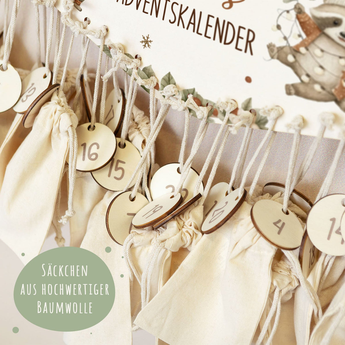 Gepersonaliseerde houten adventskalender „Wasberen“ – met naam