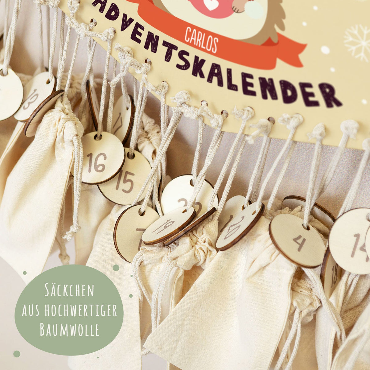 Gepersonaliseerde houten adventskalender „Winterdieren“ – met naam