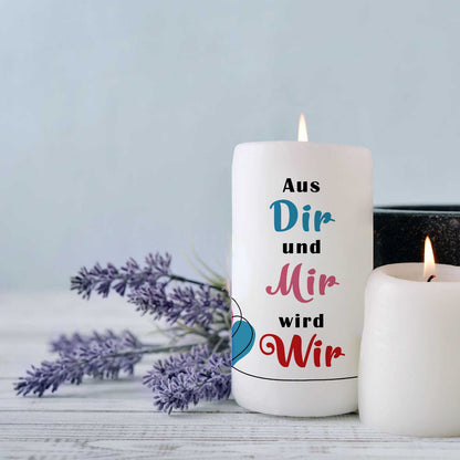 Kleine kaars „Aus dir und mir wird wir“ – 12 cm