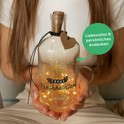 Flaschenlicht „Goldenes Geschenk“ – Nahansicht von UV-Druck und Lichterkette