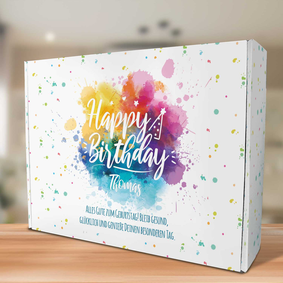 Cadeaudoos Color Splash met eigen tekst – perspectiefaanzicht