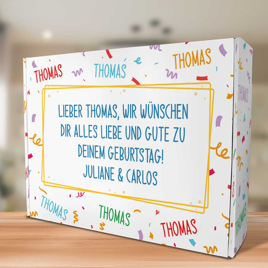 Verjaardagscadeaudoos met eigen tekst – perspectiefaanzicht