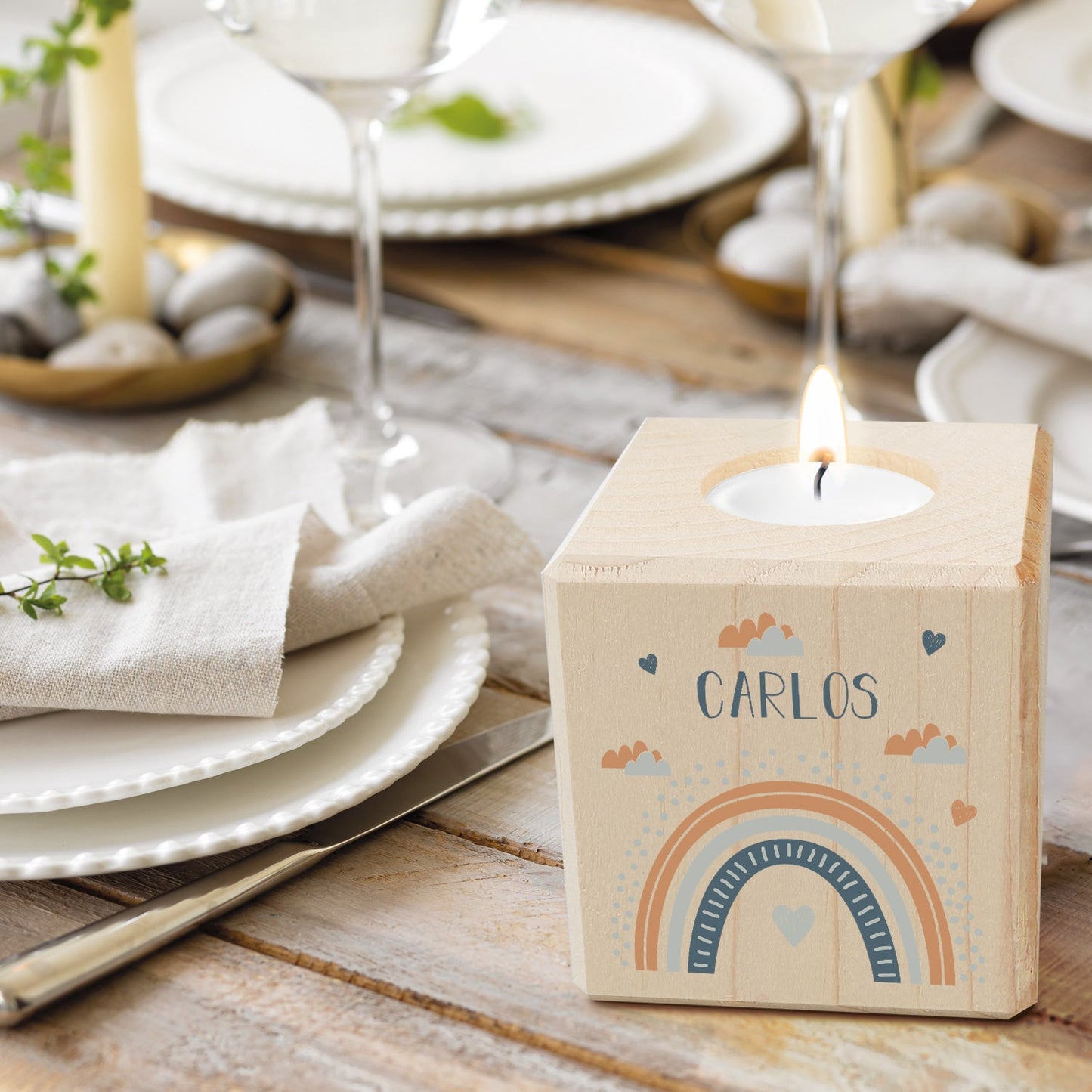 Teelichthalter „Regenbogen“ aus Holz – Holz- und Motivansicht
