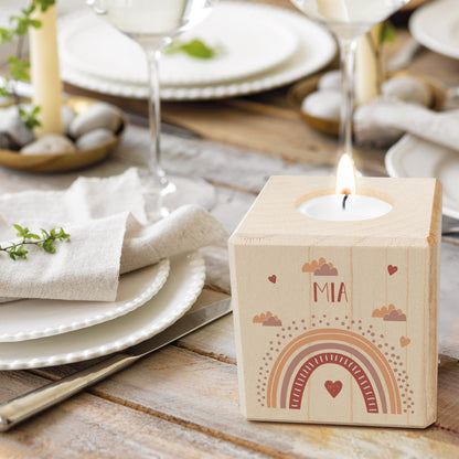Teelichthalter „Regenbogen“ aus Holz – Produktansicht