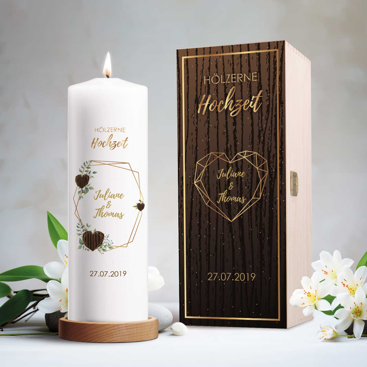 Hochzeitskerze „Hölzerne Hochzeit“ – Druckdetail