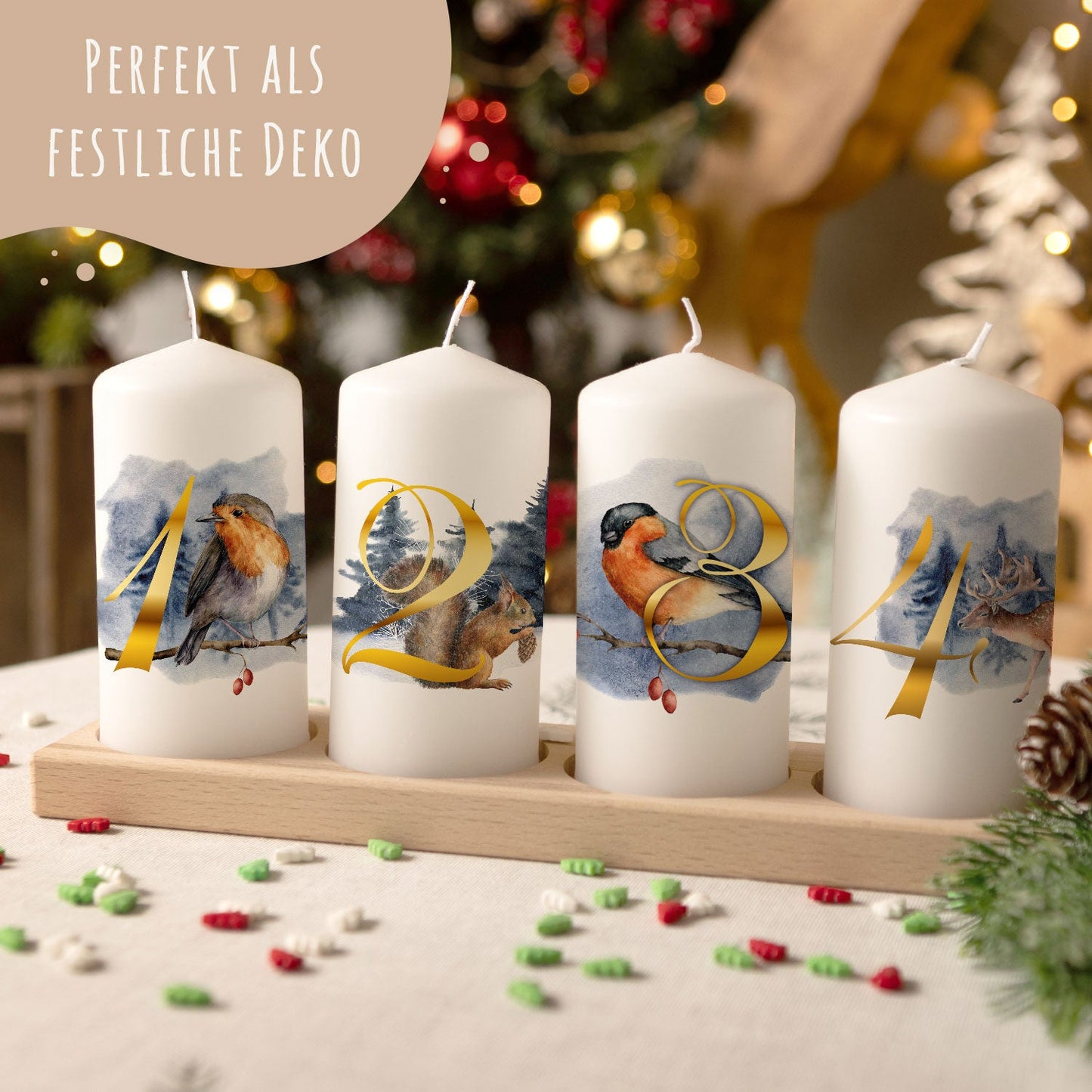 Adventskaarsen ‘Dieren’ – set van 4 met wintermotieven