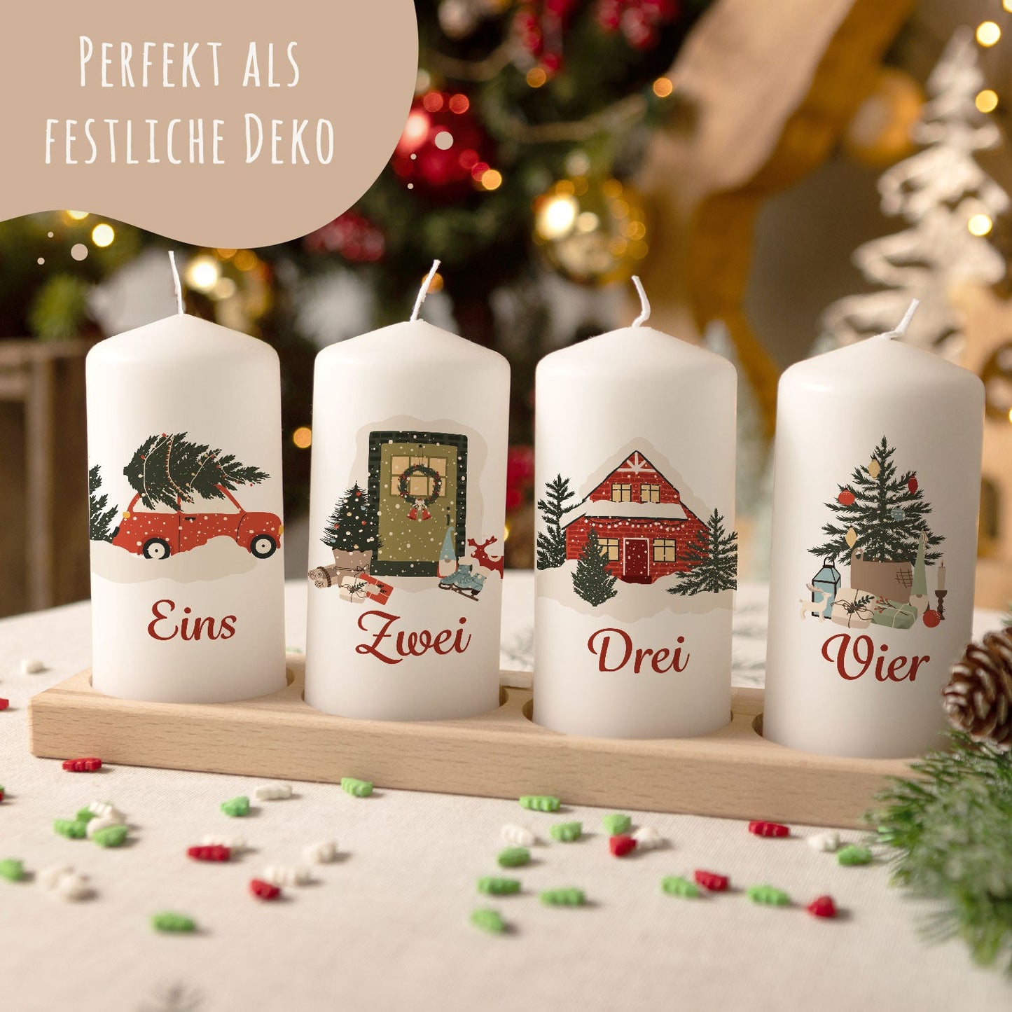Adventskaarsen ‘Kerstmotieven’ – set van 4