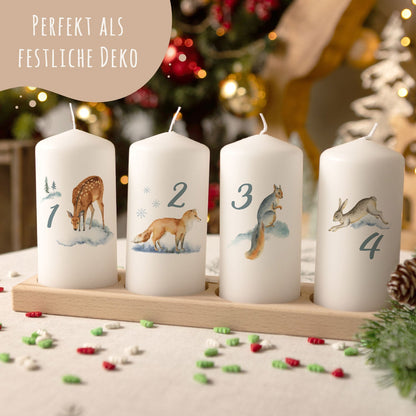 Adventskerzen „Wintertiere Aquarell“ – 4er-Set