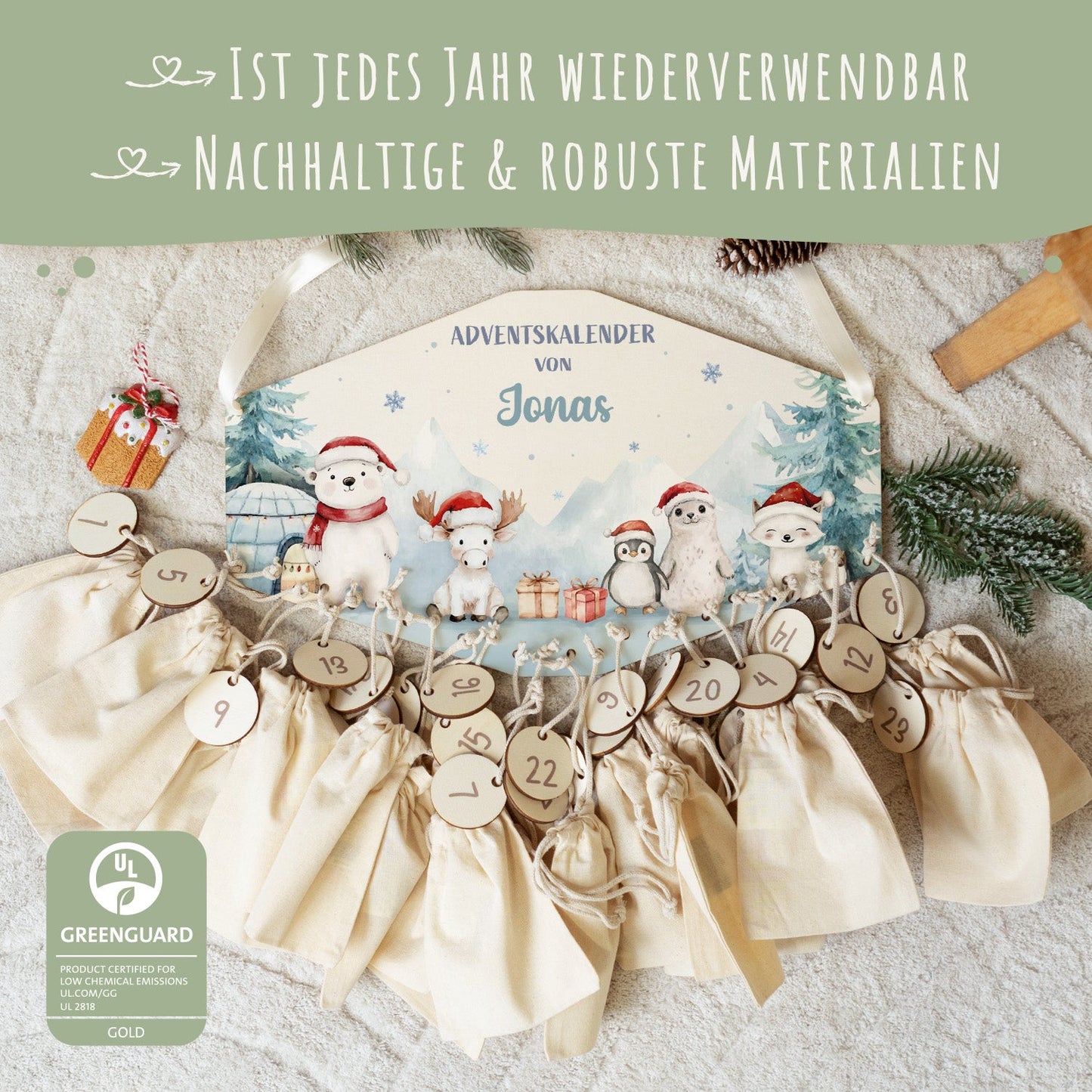 Personalisierter Holz-Adventskalender „Nordpol“ – mit Name