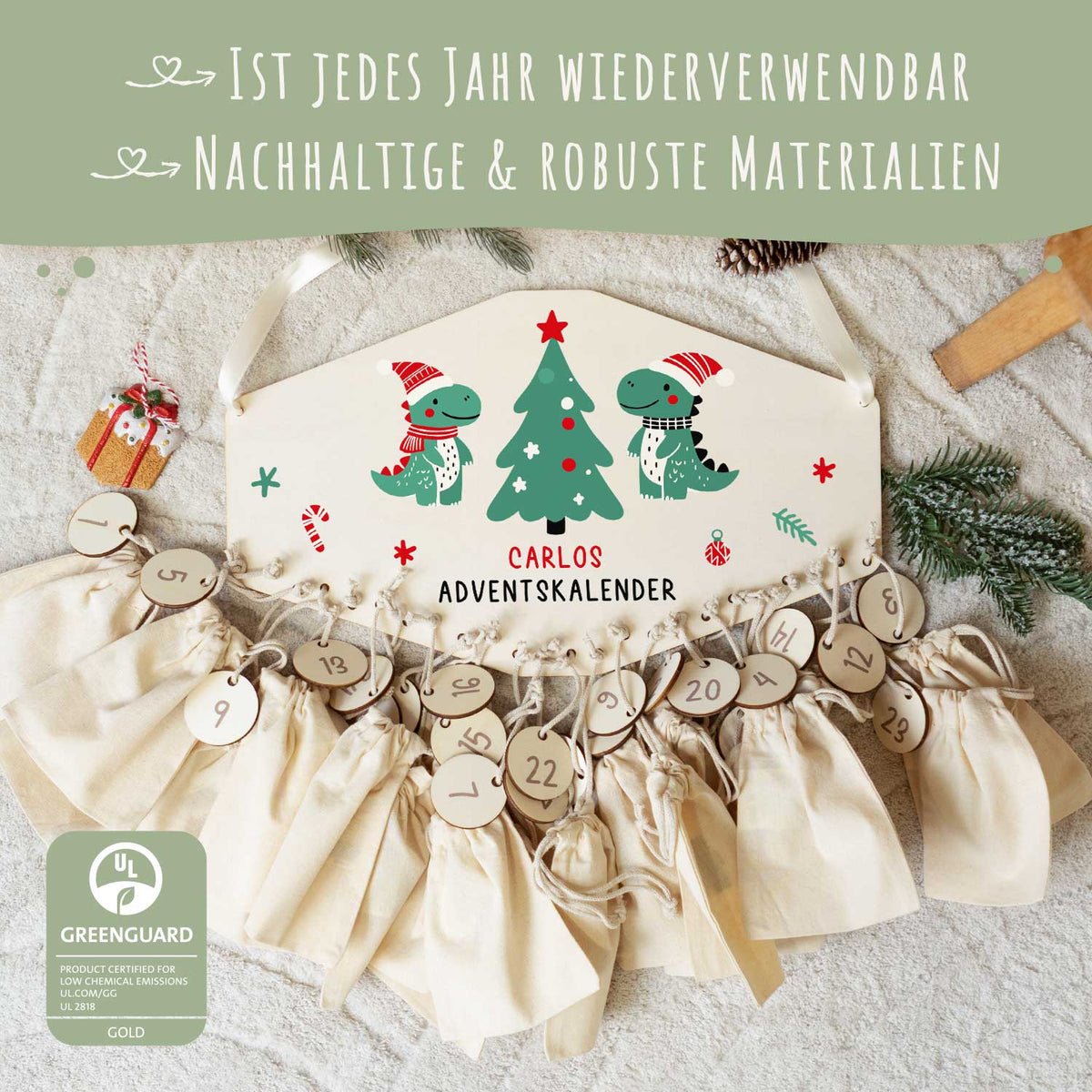 Gepersonaliseerde houten adventskalender „Dino’s“ – met naam