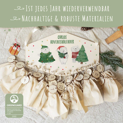 Gepersonaliseerde houten adventskalender „IJsberen“ – met naam