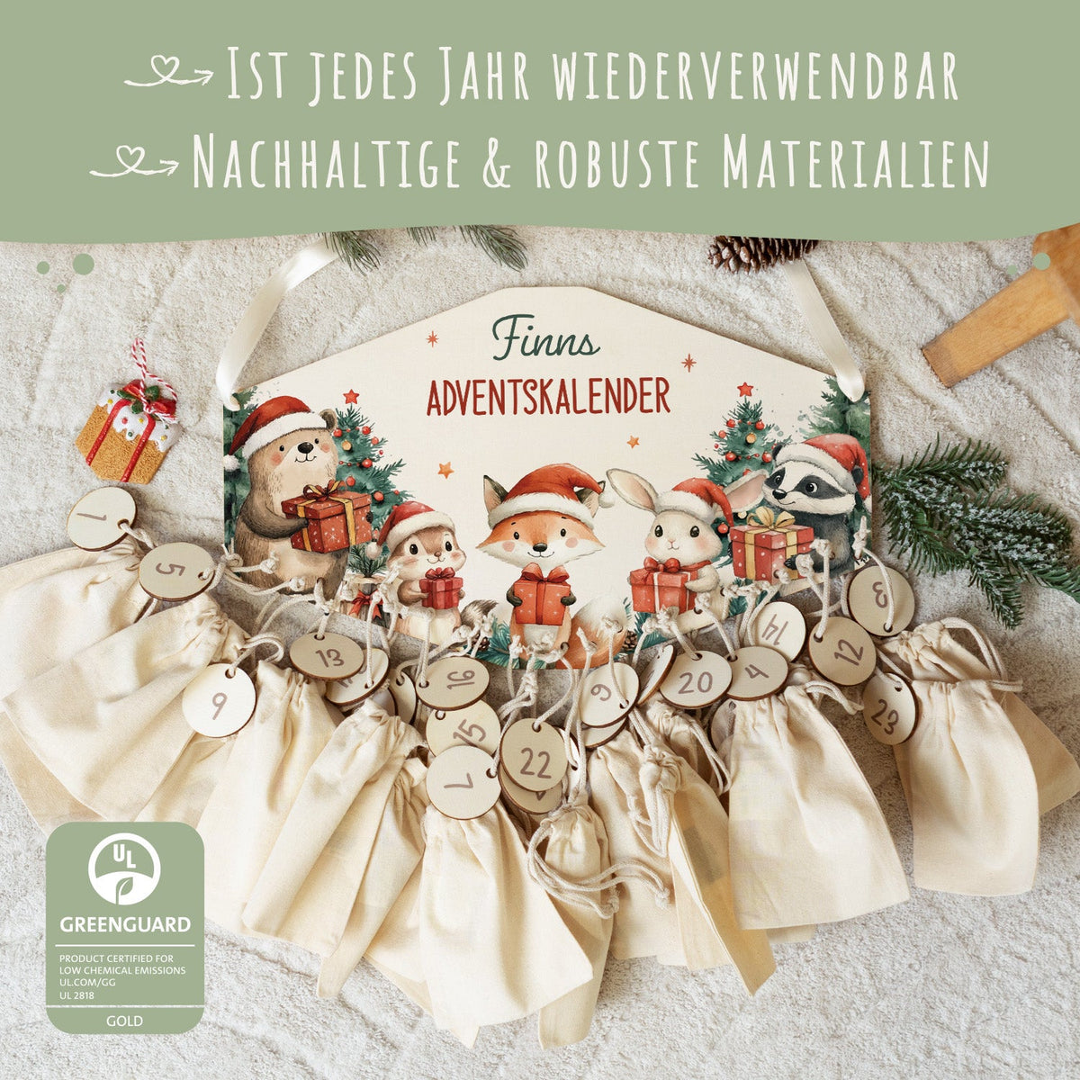 Gepersonaliseerde houten adventskalender „Dieren met cadeaus“ – met naam