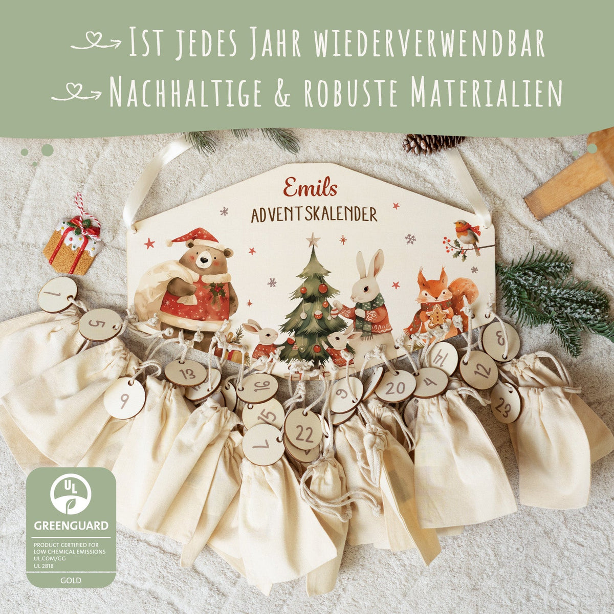 Gepersonaliseerde houten adventskalender „Dieren in kersttruien“ – met naam