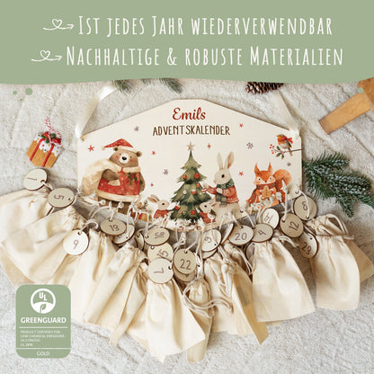 Gepersonaliseerde houten adventskalender „Dieren in kersttruien“ – met naam