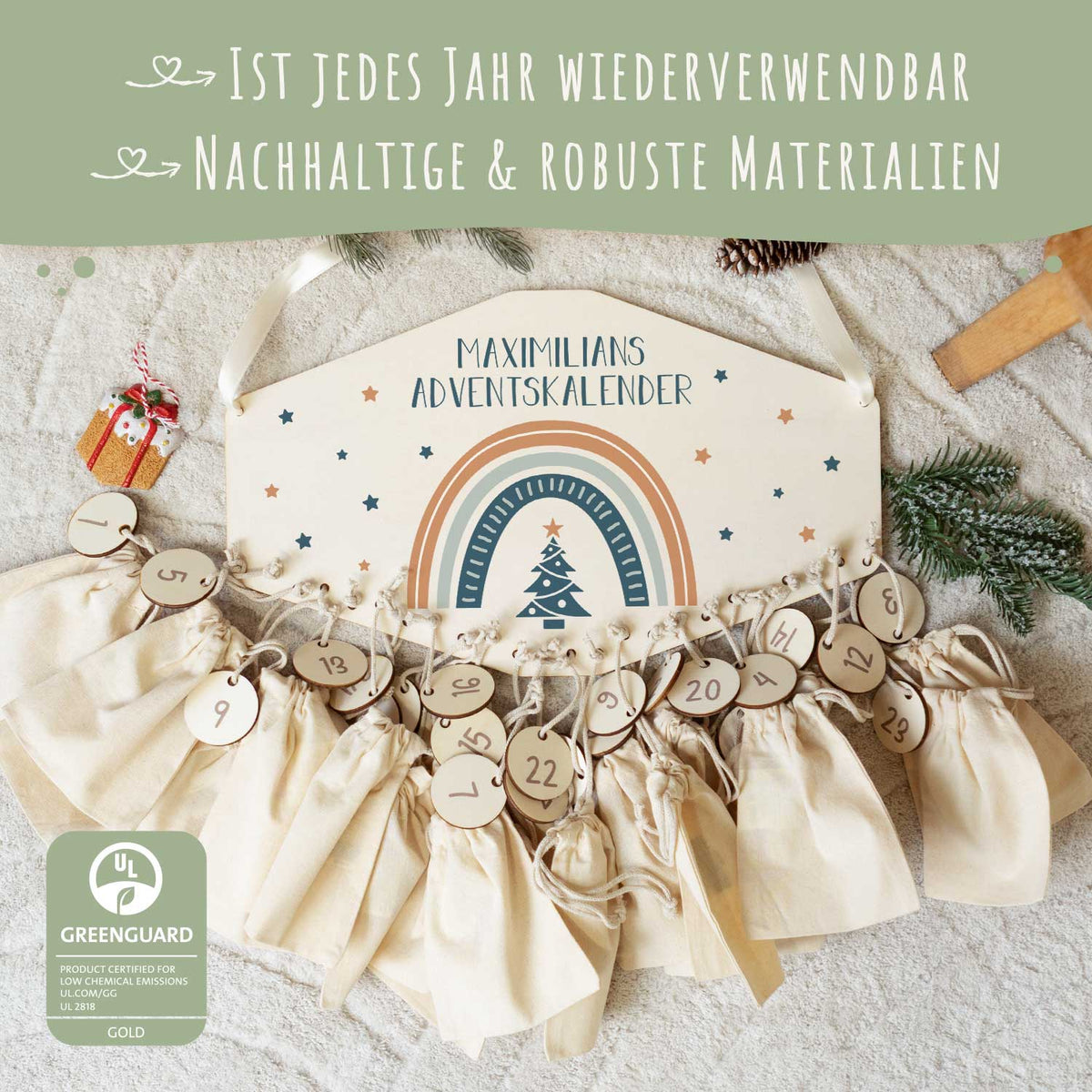 Gepersonaliseerde houten adventskalender „Regenboog“ – met naam