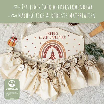 Gepersonaliseerde houten adventskalender „Regenboog“ – met naam