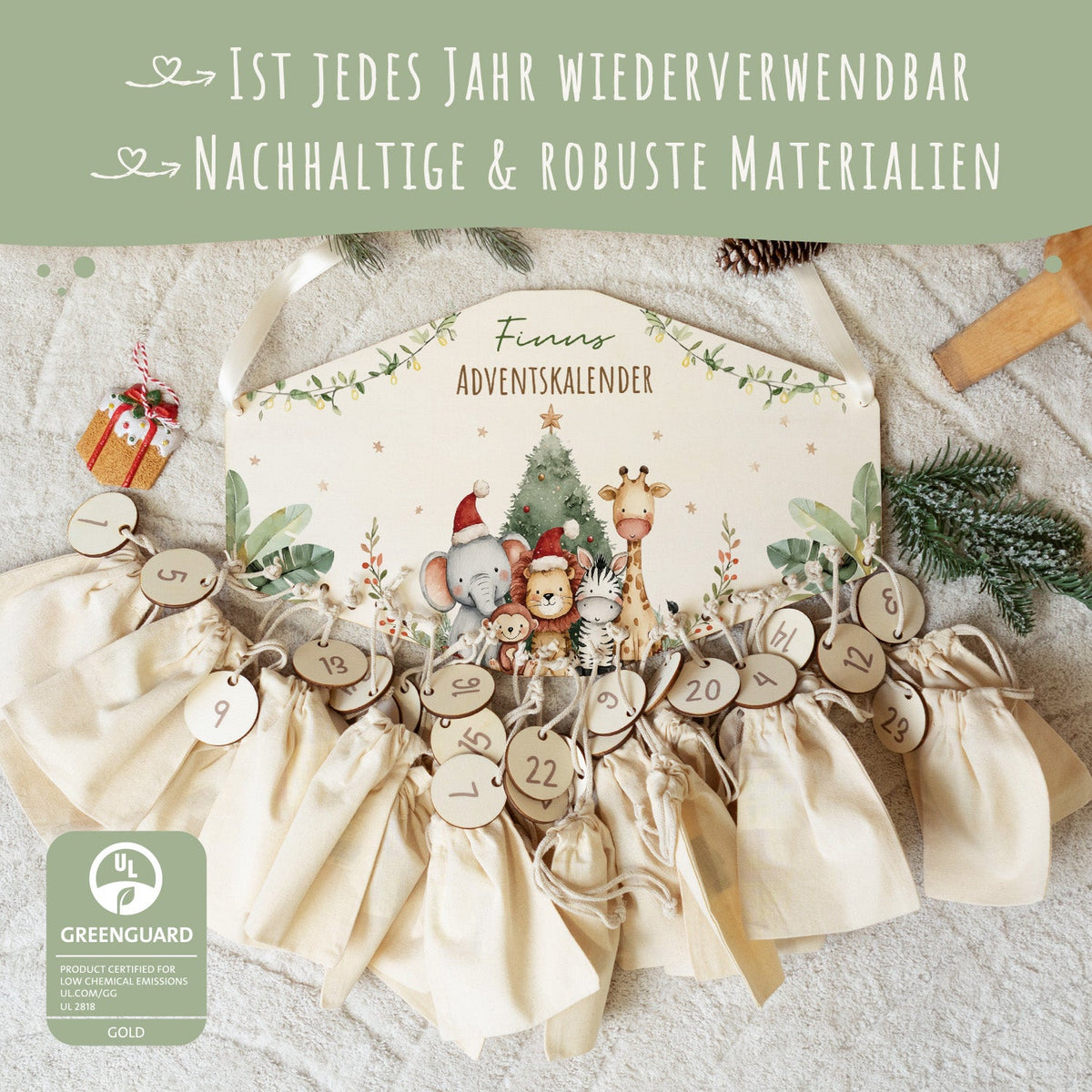 Gepersonaliseerde houten adventskalender „Kerstsafari“ – met naam