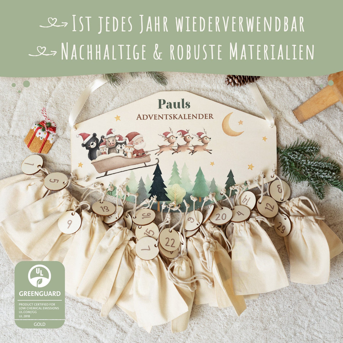 Gepersonaliseerde houten adventskalender „Slee“ – met naam