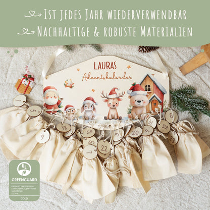 Gepersonaliseerde houten adventskalender „Sneeuwdieren“ – met naam