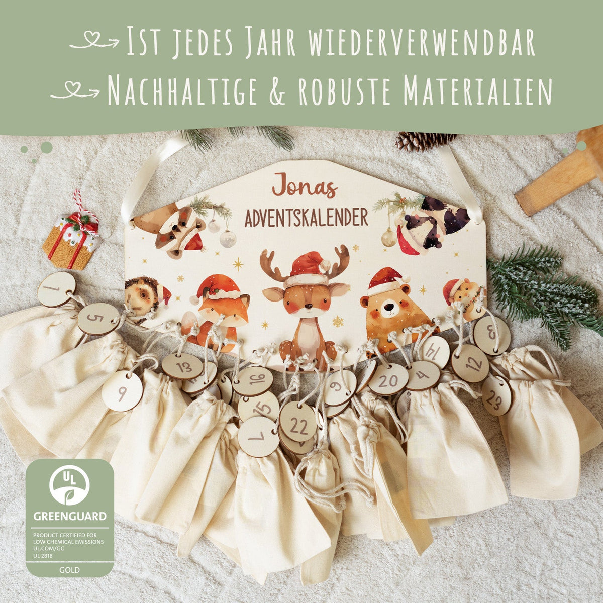 Gepersonaliseerde houten adventskalender „Bosdieren met mutsen“ – met naam