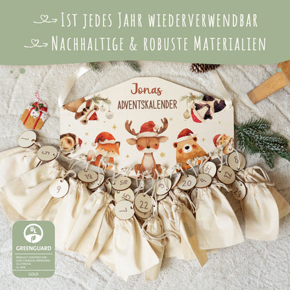 Gepersonaliseerde houten adventskalender „Bosdieren met mutsen“ – met naam